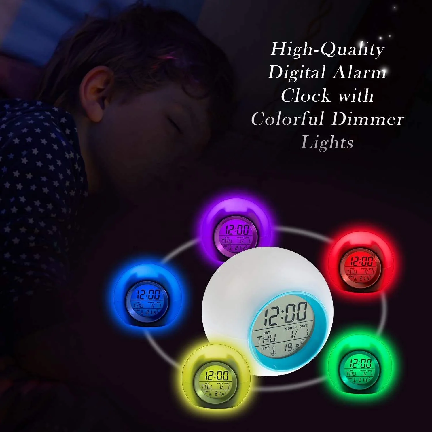 LED Digital Kids Wake up Alarm Clock 7 Colors Ambient Night Light Alarm Clock for Bedroom