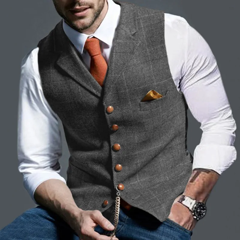 CMDC Mens Business Suit Vest V-Neck Single Breasted Linen Solid Waistcoat 