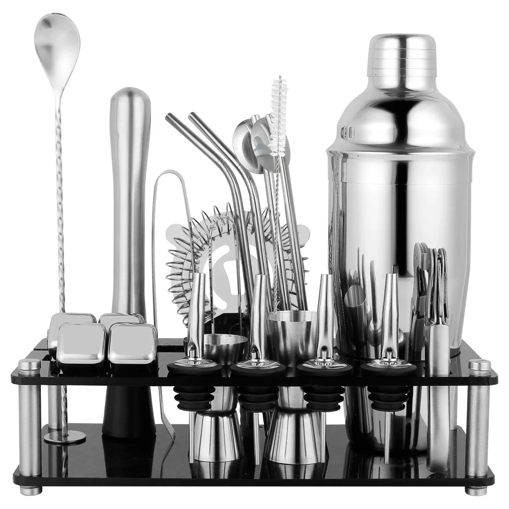 14-Piece Black Stand Bartender Kit with 750ml (25oz) Brass Shaker Jigger Muddler & Silver Bar Sets Accessories Drink Made Metal