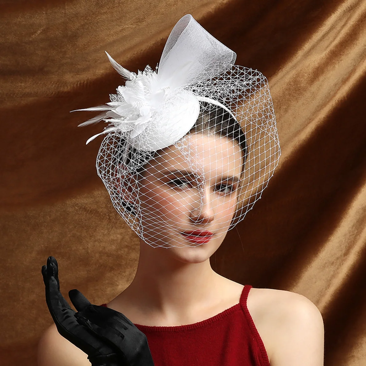 Perfect Retro Hawaiian Elastic Mesh Fascinator Tea Party Flower Feather Fascinator Bride Headband With Veil for Women Ladies