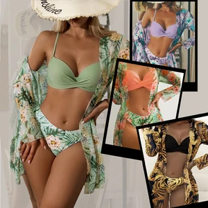 JSN New Designer Bathing Suits Green Leaf Print Bikini Swimsuit Long Sleeves Cover up 3 Piece Swimwear