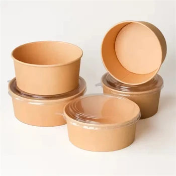 Food Grade Kraft Paper Bowl with Lid 500ml Square Single Wall Salad Noodles Pizza Crafts Sandwiches Custom Logo Print Handling