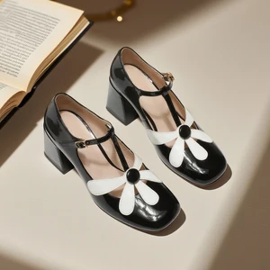 Wholesale Square Toe Chunky Heel Flower Black Fashion Designer Mary Jane Women Wedding Shoes High Heel Sandals