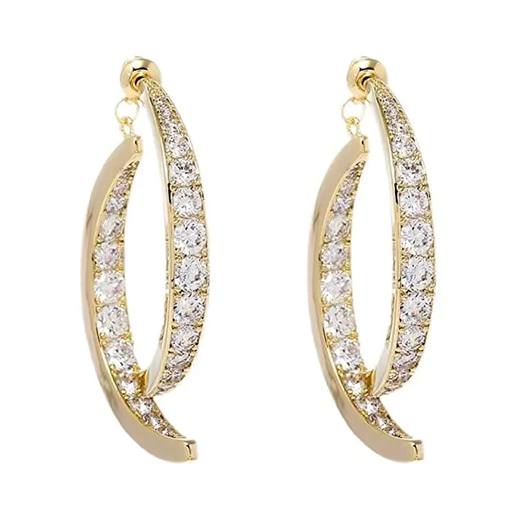 SC New Korean Style Fashion Earrings Cross Zircon Curved Earrings Creative Gold Plated Front Back Exchangeable Diamond Earrings