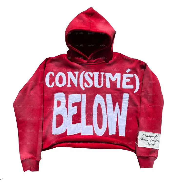 Customized Pullover Acid Wash Raw Hem Sun Faded Cut and Sew Cotton Hoddies Applique Stitch Patch Embroidery Cropped Hoodies Men gallery 10
