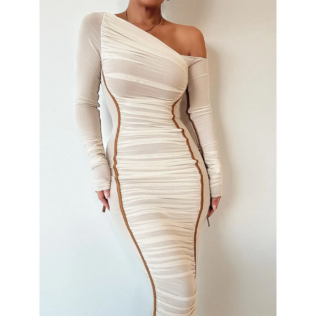 RedPeony Women Two Layer Mesh Backless Ruched Bodycon Club Party Sexy Long Dress Diagonal Collar Long Sleeve Midi Dress