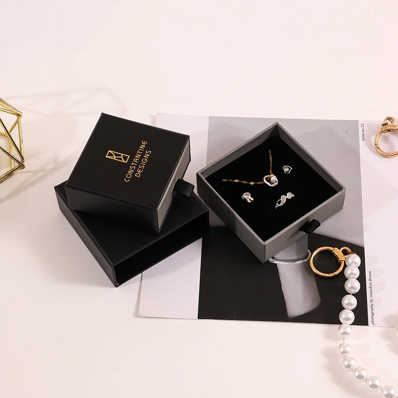 2024 A1 Simple Black Elegant Custom Logo Printed Paper Drawer Jewelry Box Unique Packaging Pendant Stud Ring Earring Gift Box manufacture
