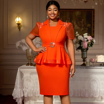 AM050423 Elegant Blazer Collar Sheath Orange Beading Women's Career Dresses with Belt