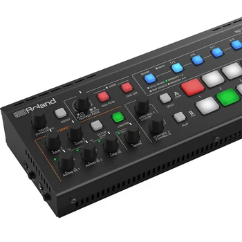 Roland V-1HD+ is a high-definition video switcher with four inputs and two outputs, supporting camera and PC microphone inputs.
