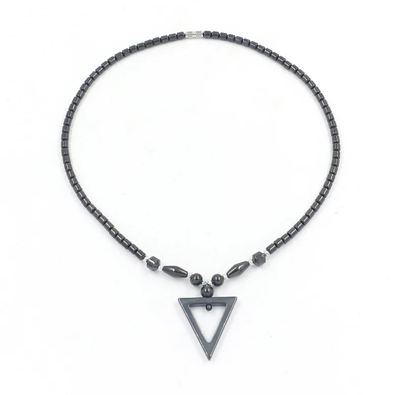 Geometry Cross Triangle Pentagonal Star Pendant Hematite Beaded Necklace for Men Women