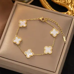 Stainless Steel Gold Plated 18K Clover Chain & Link Bracelet 4 Leaf Non-Tarnish Waterproof for Women Men Factory Wholesale