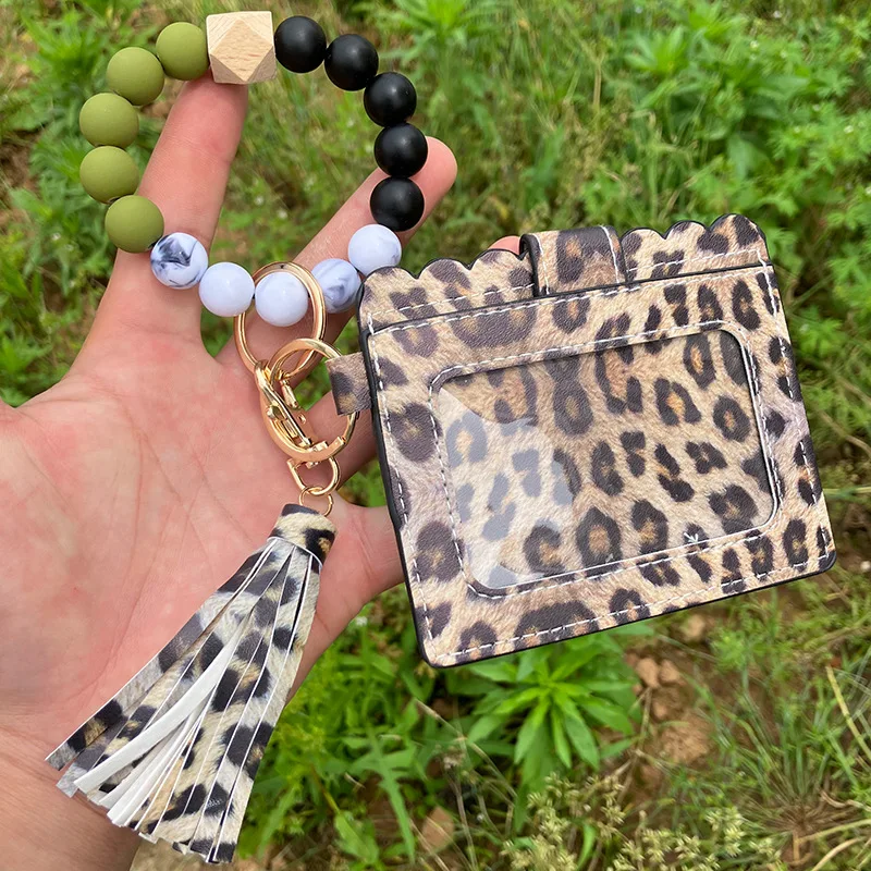 Wholesale Price Leather Wristlet Keychain Silicone Wood Beaded Bracelet