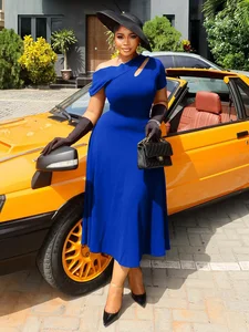 Plus Size Women's Casual Elegant Summer Dresses Slanted Collar Hollow Short Sleeve Solid Pattern African-Style Dress