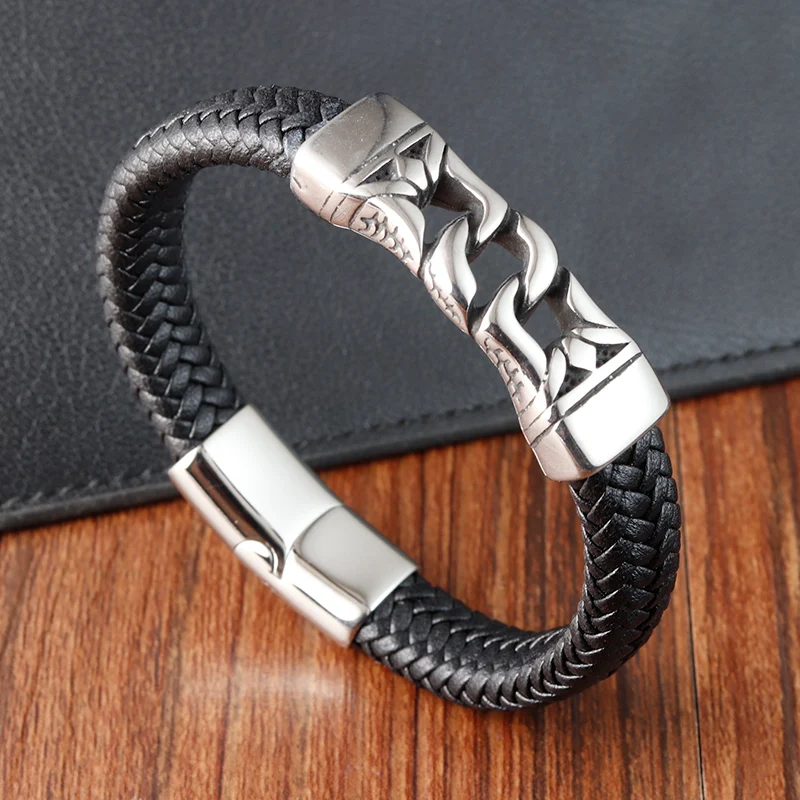 MONIYA Men's Black Braided Leather Bracelet - Stainless Steel Magnetic Clasp, Vintage Style, 8.26 Inch, Silver-Tone