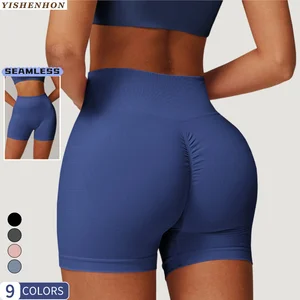YISHENHON Seamless High Waist Ribbed Design Gym Yoga Shorts Women Sport Fitness Peachy Buttocks Running Clothing