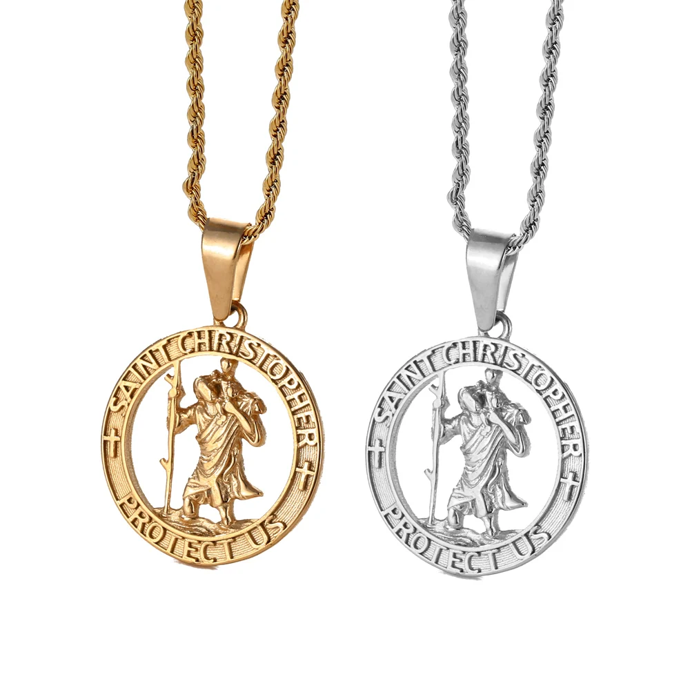 Vintage Men St Christopher Coin Necklace - Stainless Steel