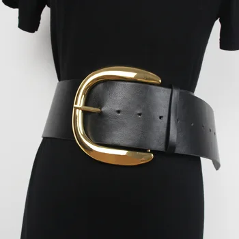 Western 3 inches Wide Black Leather Belt With Big U-shape Gold Tone Buckle