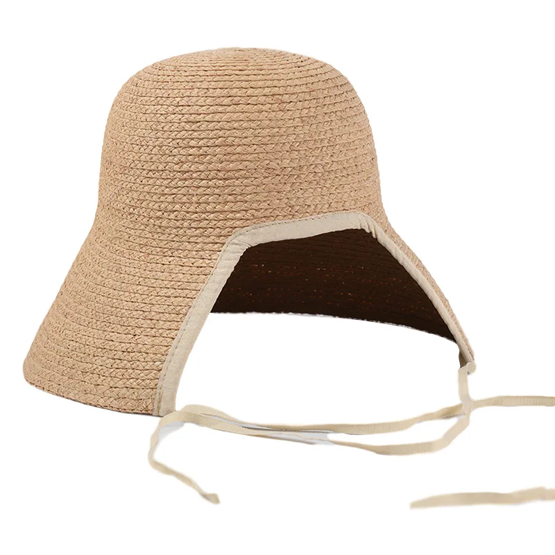 2021 New Trend Ponytail Hair Hole Design Vintage Women Lady Bucket Natural  Straw Beach Hat With Wind Chin String