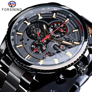 Forsining Three Dial Calendar Stainless Steel Men Mechanical Automatic Wrist Watches Top Brand Luxury  Sport Male Clock