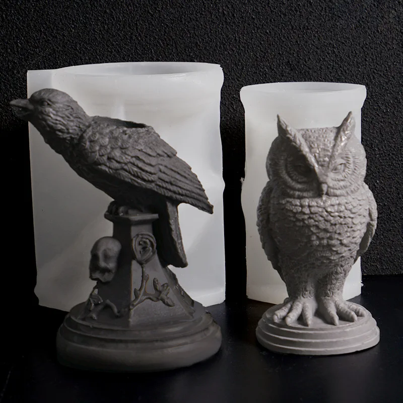 Halloween Gothic Owl Candlestick Mold Retro Crow Desktop Decoration Gypsum Silicone Mold Cake Tools for Halloween Decorations supplier