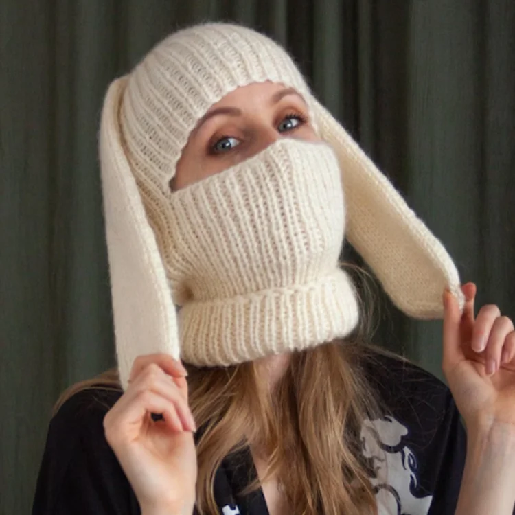 Winter Knitted Rabbit Ears Beanie Cap Warm Cycling Ski Mask Universal Size  Trendy Winter Warm Cap 