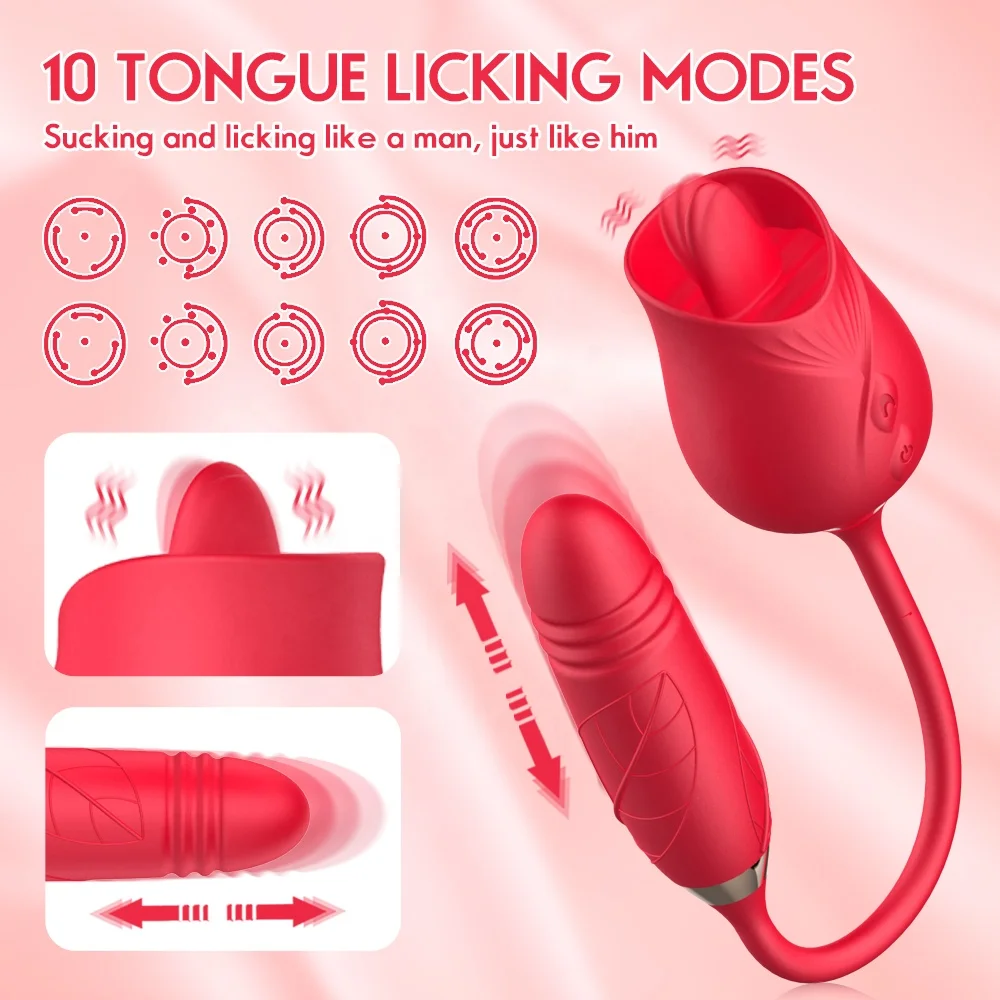Rose Vibrator 10 Speed Thrusting Retractable Tongue Licking Slapping Nipple Sucking Clitoris Stimulation Masturbation for Women