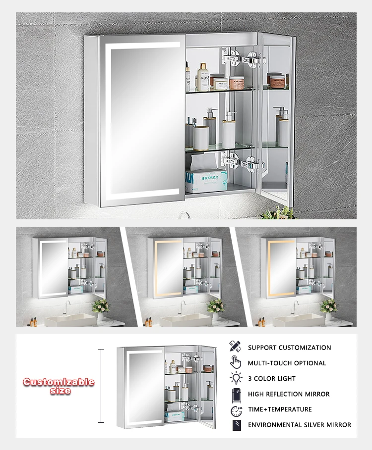 product luxury mirror vanity cabinet 2 door wall mounted medicine storage cabinet bathroom mirror cabinet with lights-4