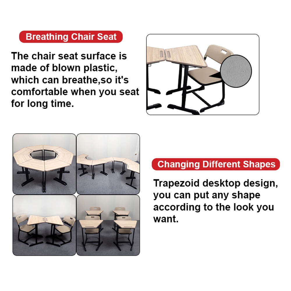Wholesale Classroom Table and Chair Set College University Furniture Manufacture School Student Desk Trapezoidal Shaped Wooden