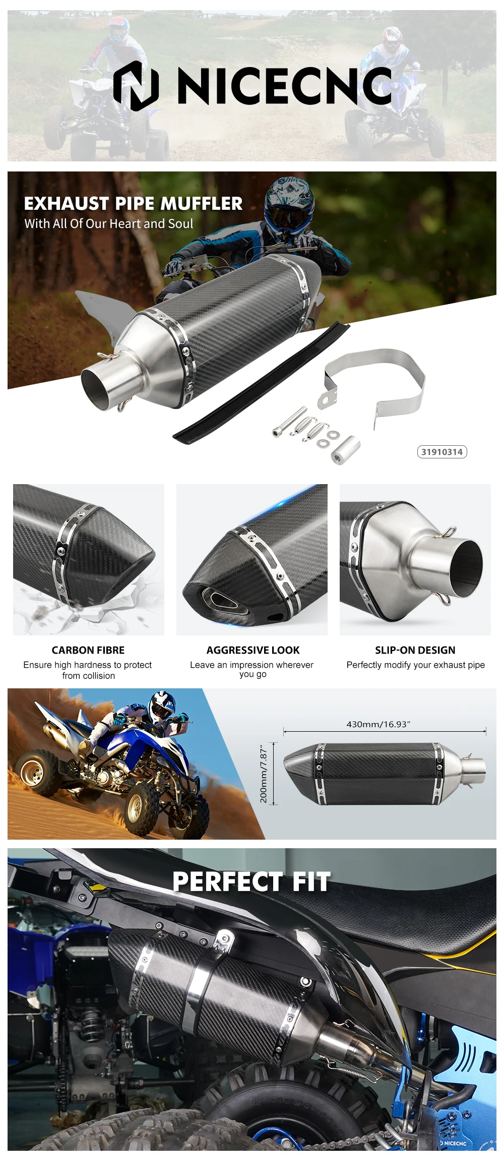 Nicecnc Atv Carbon Fibre Slipon Muffler Exhaust Pipe For Yamaha Raptor