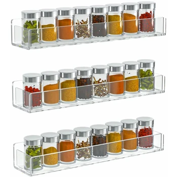 2 Scaffali Portaspezie In Acrilico Trasparente - 3 Ripiani, 26x24x10 Cm - Organizer Per Cucina E Bagno - Montaggio Non Necessario