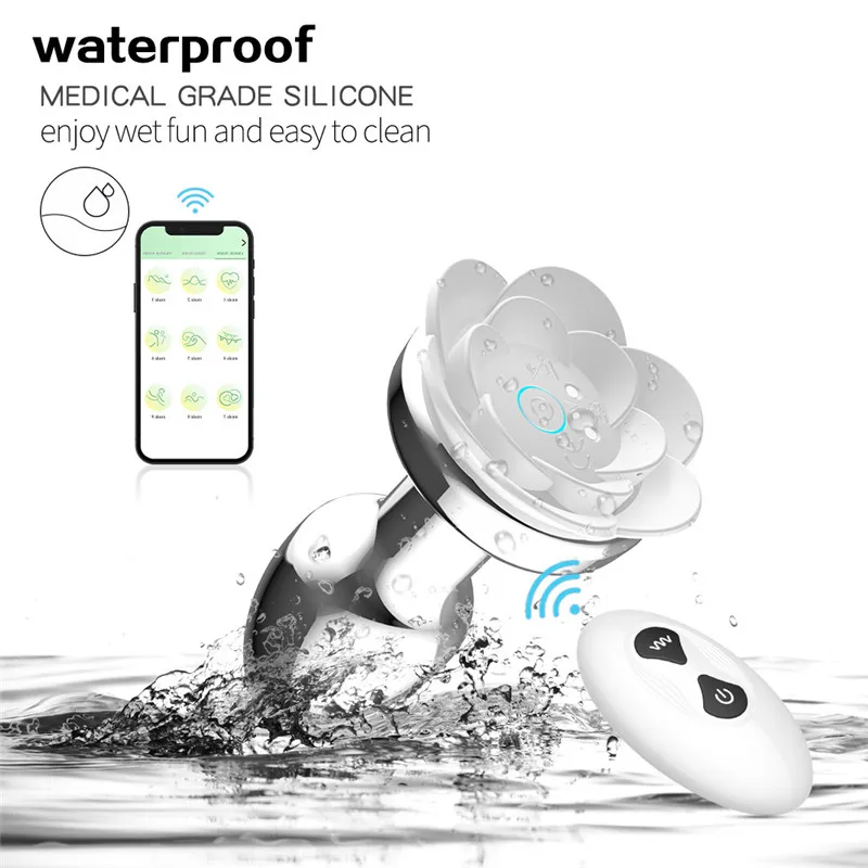 Wireless Remote Control Vibrating Flashing Light Flower Heart Shape Plug Anal Con Vibrator APP Metal Anal Butt Plug for Woman