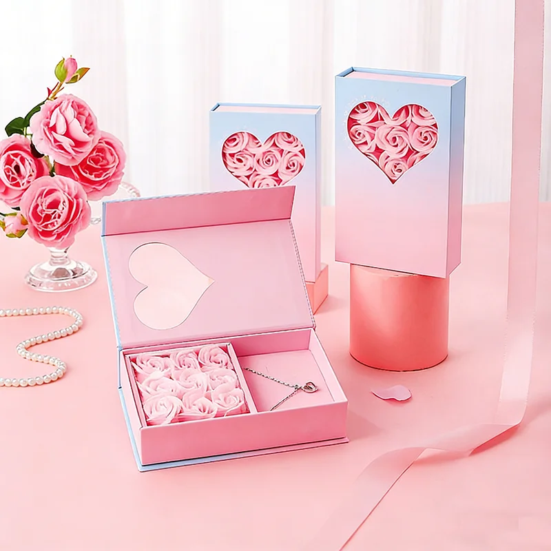 Rektangulär smyckesring för tvål, blommor, halsband och örhängen – påslutning med snöre – romantiskt och elegant präglat smyckesfack – gåva till Alla hjärtans dag