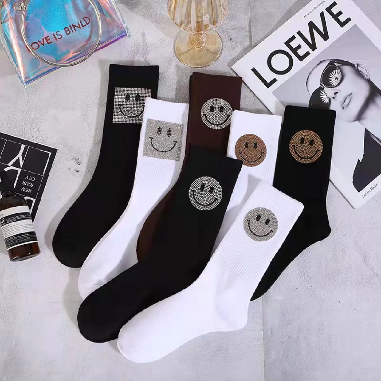 Korea Cotton Socks Hot Rhinestone Smiling Face Socks Tall Tube Pile Pile Socks Wholesale Buy Smiling Face Socks 100 Cotton Socks Korea Socks For Female Product On Alibaba Com