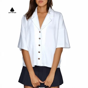 Customize Women White Oversized Short Sleeve Blazer Shirt Collar Button Front Casual Daily Commute Blouse Top