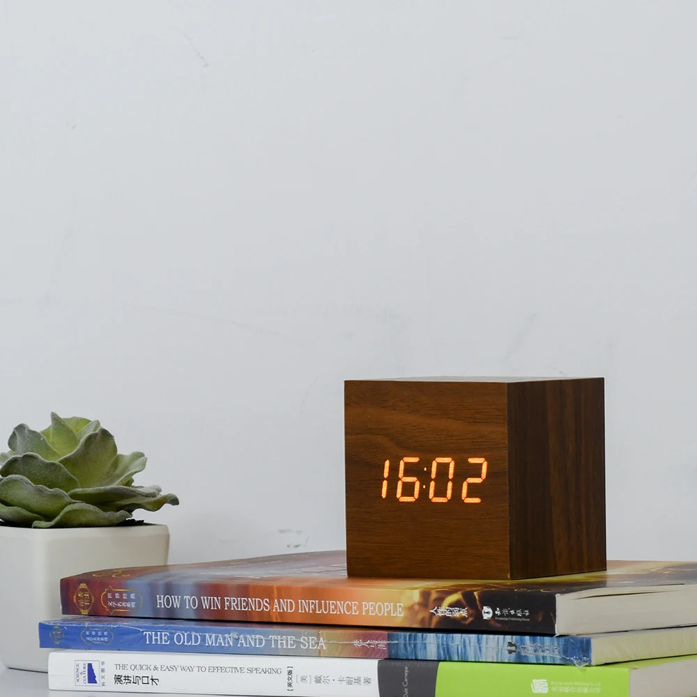 Digital Cube Led Display Wooden MDF Smart Clock for Home Decoration
