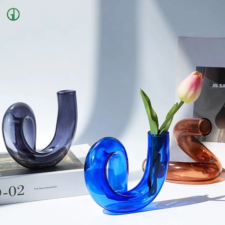 Creative Irregular Curving Tube Glass Vase Household Art Decoration Colored Hand Made Candlestick Glass Vase Flower Vase