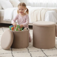 HStex Factory Wholesale Velvet Custom Round Lid Space Saving Furniture Living Room Storage Box Pouf Stool Ottoman