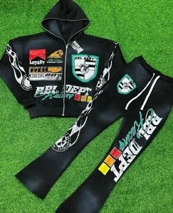 Heavyweight Plus Size Kids Tracksuit Custom Logo Print Acid Wash Zip up Hoodie and Flare Sweatpants Set for Kids