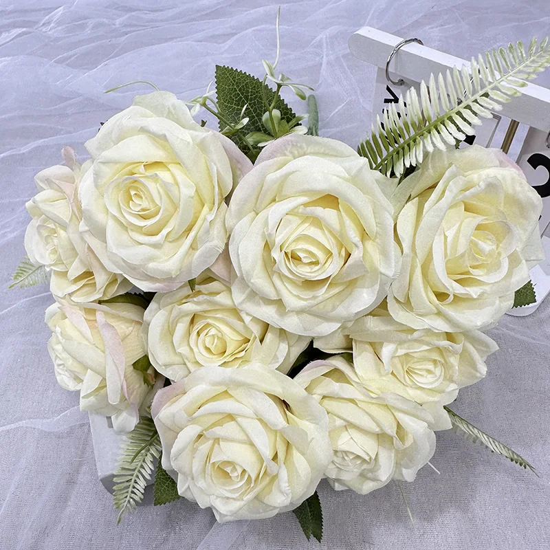 product qyy high quality new artificial flower meijiang bunch 9 large curled rose green silk cloth artificial flower-60