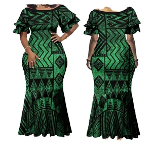 Customize High Quality Custom Women's Island Style Maxi Dress Fishtail Polynesian Design Petal Sleeve Pattern Casual Use