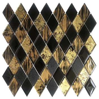 Modern Design Black and Gold Rhombus Diamond Shape Glass Mosaic Tiles for Residential Hotel Restaurant Wall Backsplash