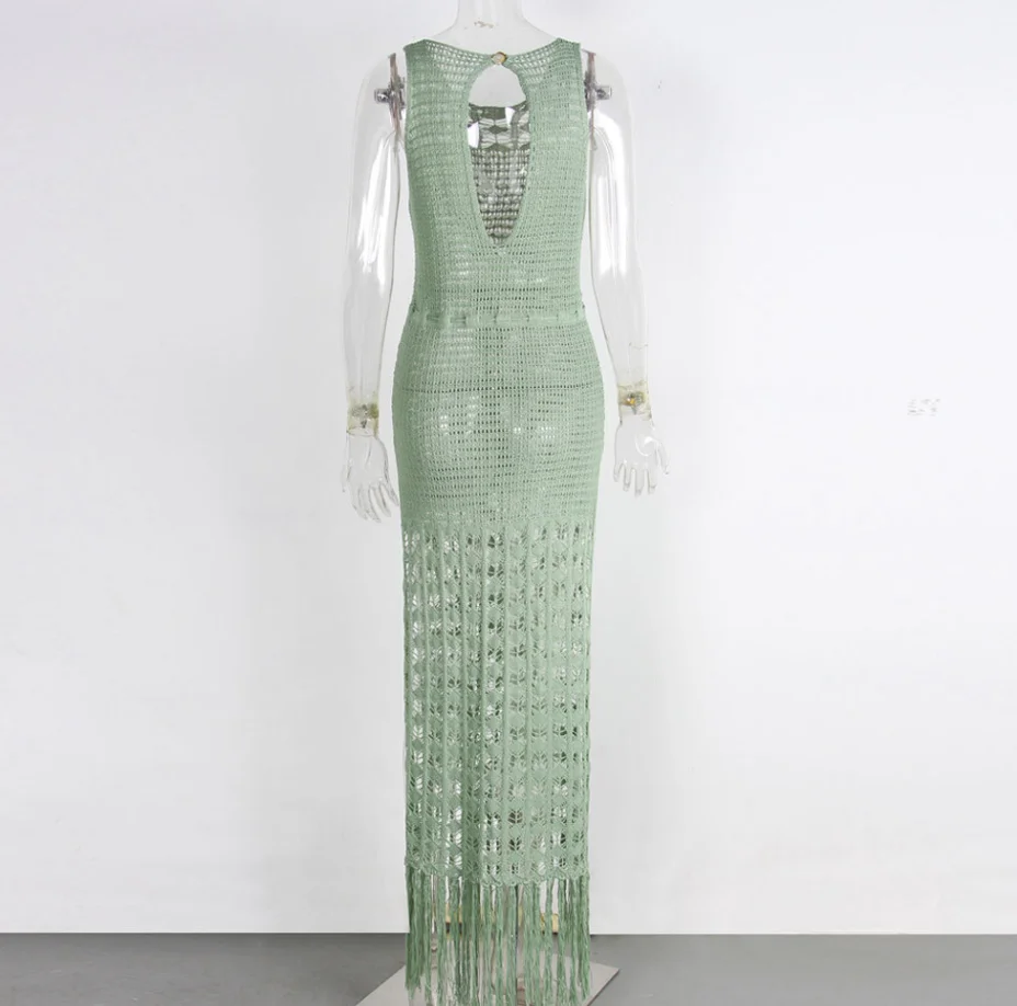 STOCK Two Colors High Neck Ties Front Long Crochet Dress Cotton Fringe Hem Beach Cover Ups Kimono