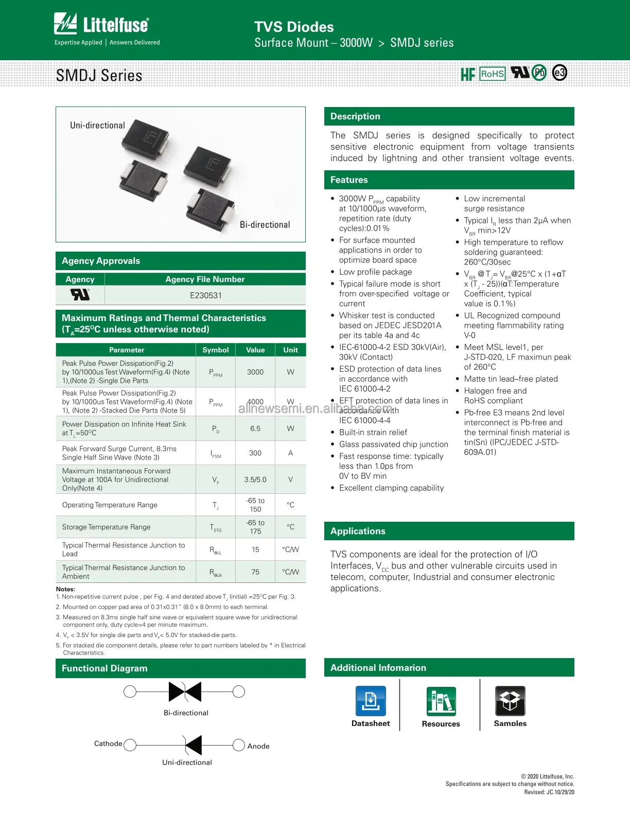 Hot sale Original SMDJ60CA TVS DIODE 60VWM 96.8VC 96.8V Clamp 31A Ipp Tvs Diode Surface Mount DO-214AB (SMCJ) General Purpose