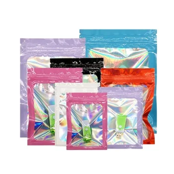 Magic One Side Transparent Holographic Ziplock Packaging Small Zipper Lock Mylar Hologram Bags
