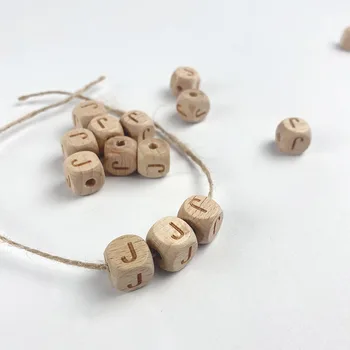 Custom 12mm Laser Engraved Dice Wood Color Beech Square Wooden Alphabet Letter Beads With Hole