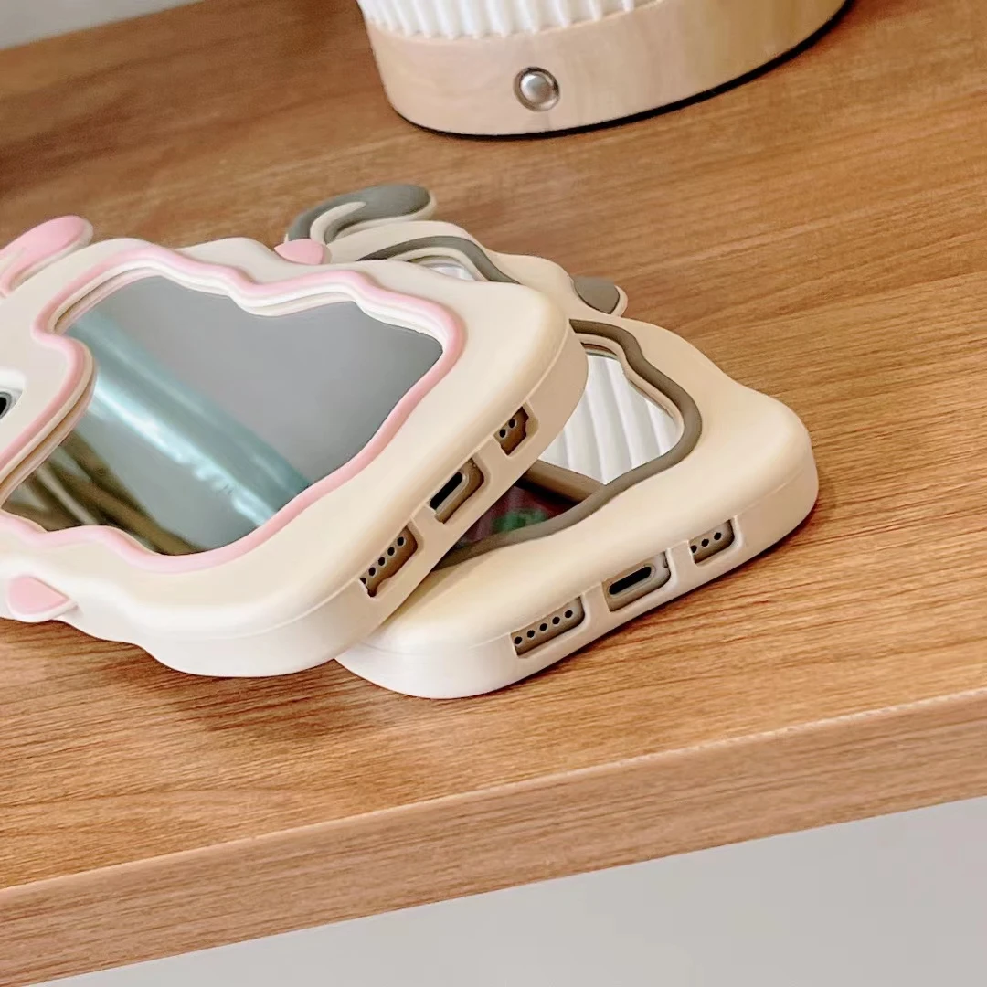 Korean 3D Rabbit Ear Mirror Make up Phone Case for iPhone 11 13 12 14 15 Pro Max XR XS Max Cute Shockproof Silicone Cover