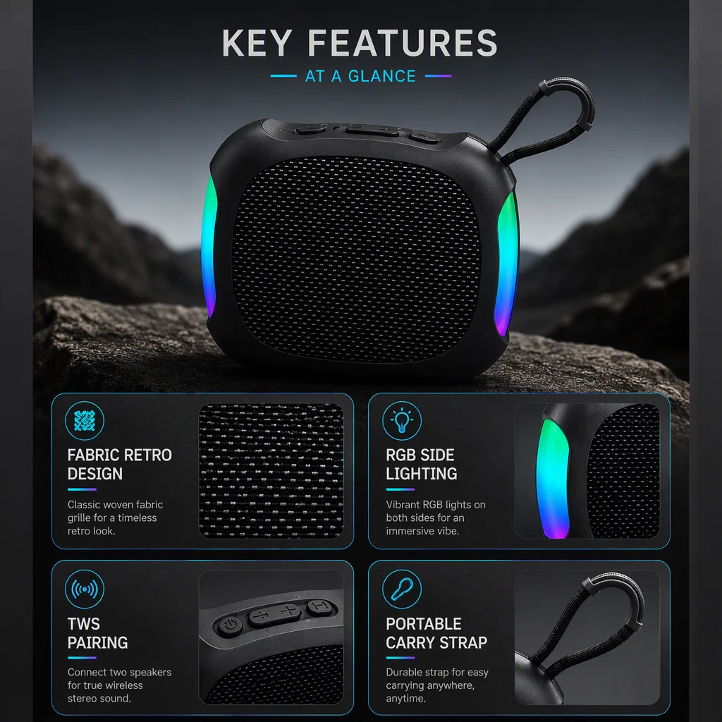Fabric Retro Design Speaker RGB Cool Lighting Party TWS Pairing for Camping Hiking and Night Running