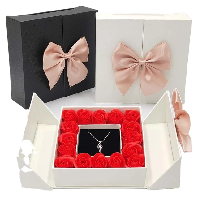 16 Roses Double Door Square Valentine's Day Gift Box with Bow for Necklace Pendant Storage Jewelry Box