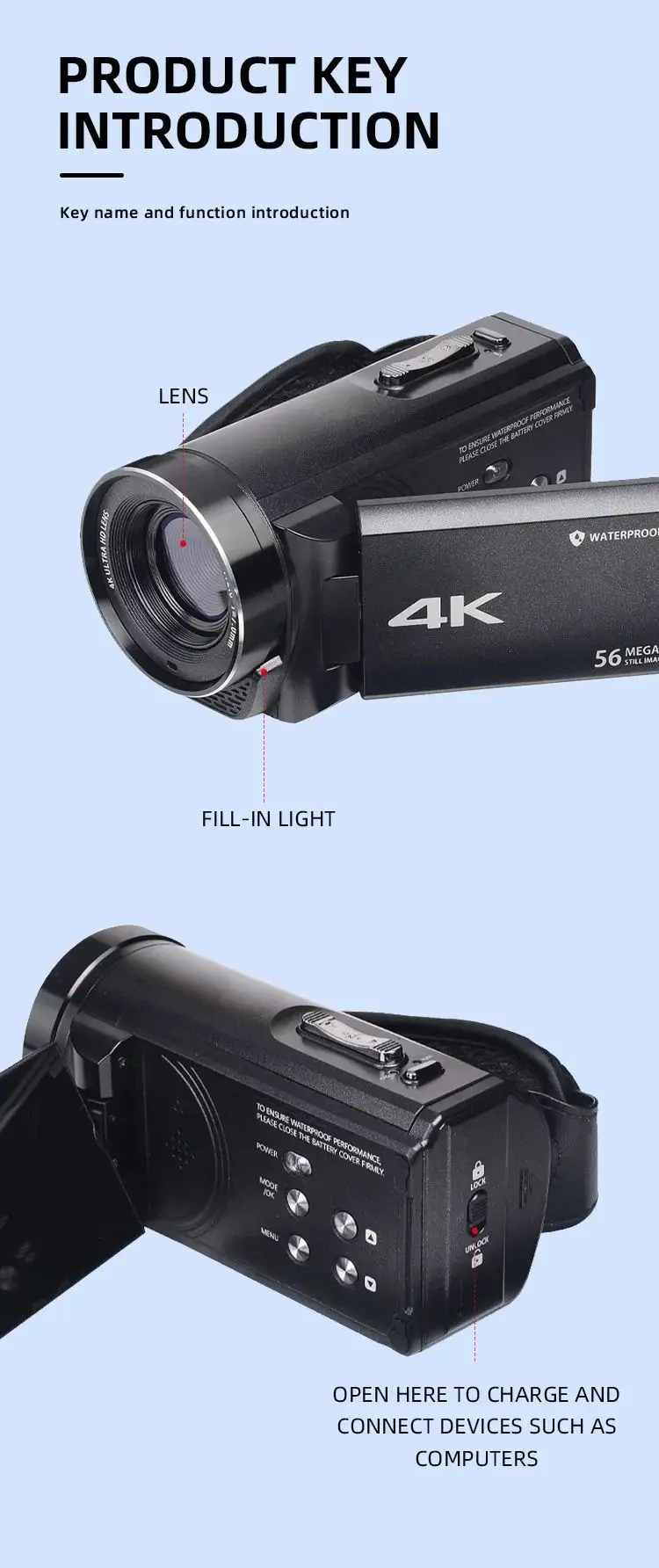 4k Action Camera HD Waterproof 56MP CMOS 4K 30fps Sports Underwater Camcorder