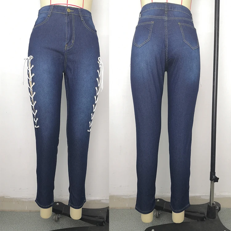 1041322 Good Quality Women Fashion Clothing Ladies High Waist Bandage Jeans Women Denim Pants